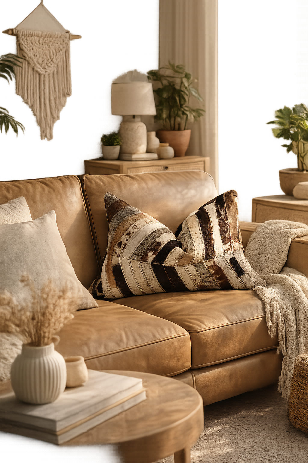 Cowhide leather lumbar cushion with handmade patchwork design