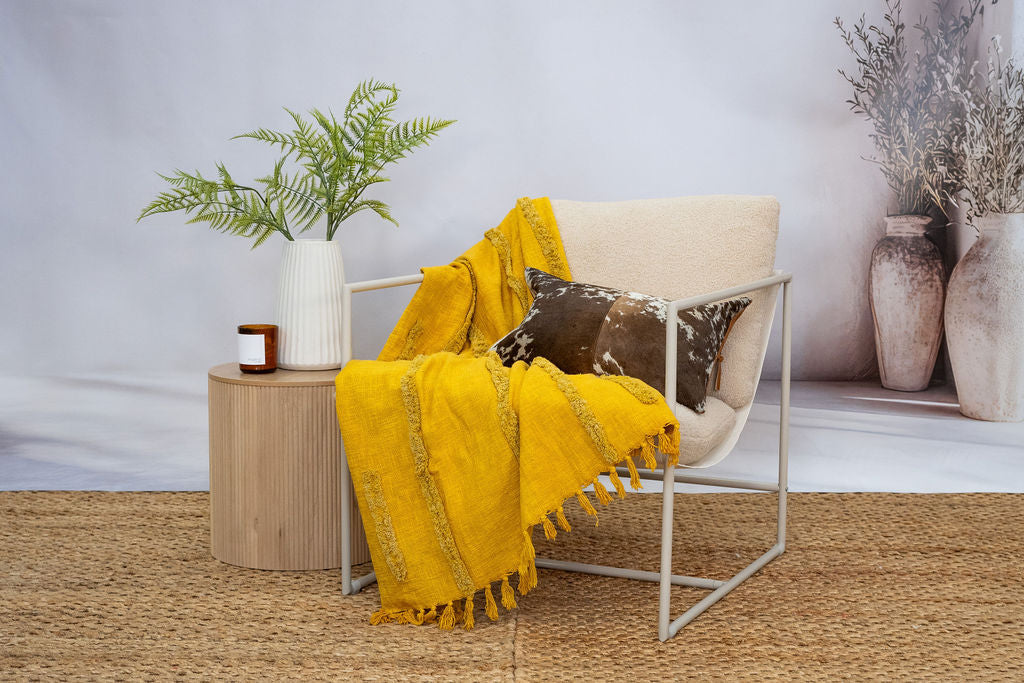 Mustard textured throw blanket for bohemian interiors