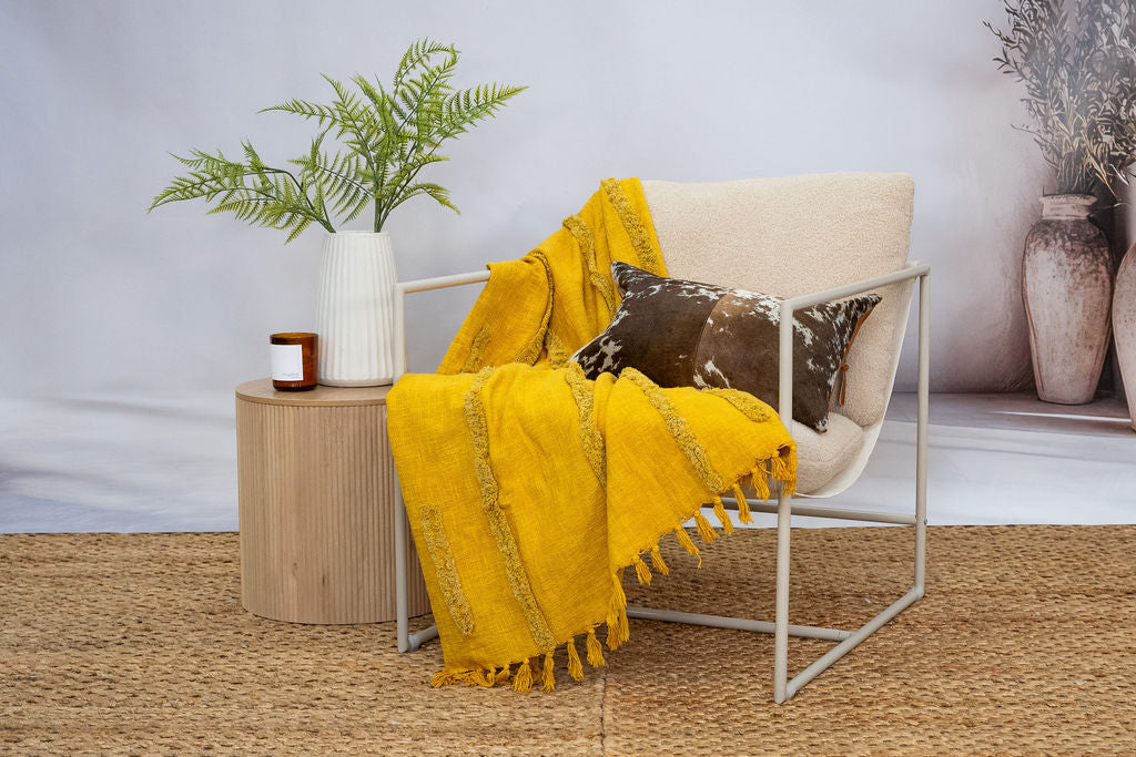 Handwoven cotton throw in golden mustard color
