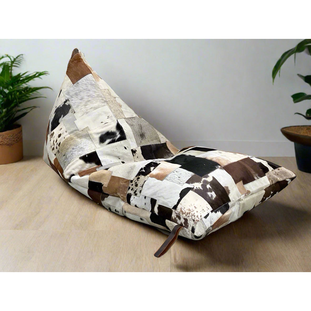 Artisan Cowhide Beanbag Cover – Triangular Patchwork Lounger in Natural Tones