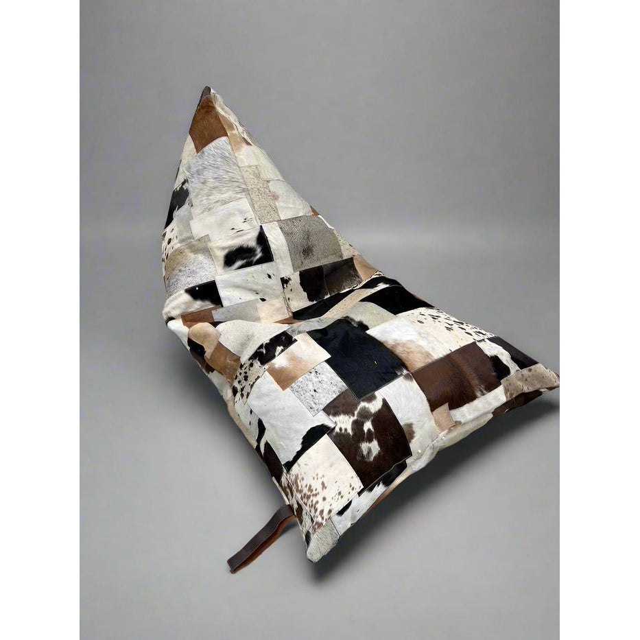 Artisan Cowhide Beanbag Cover – Triangular Patchwork Lounger in Natural Tones