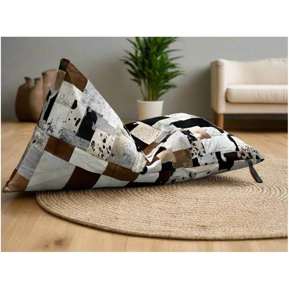 Artisan Cowhide Beanbag Cover – Triangular Patchwork Lounger in Natural Tones