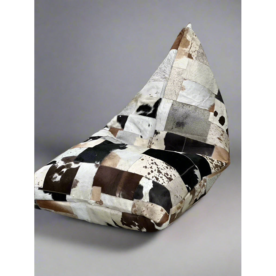 Artisan Cowhide Beanbag Cover – Triangular Patchwork Lounger in Natural Tones