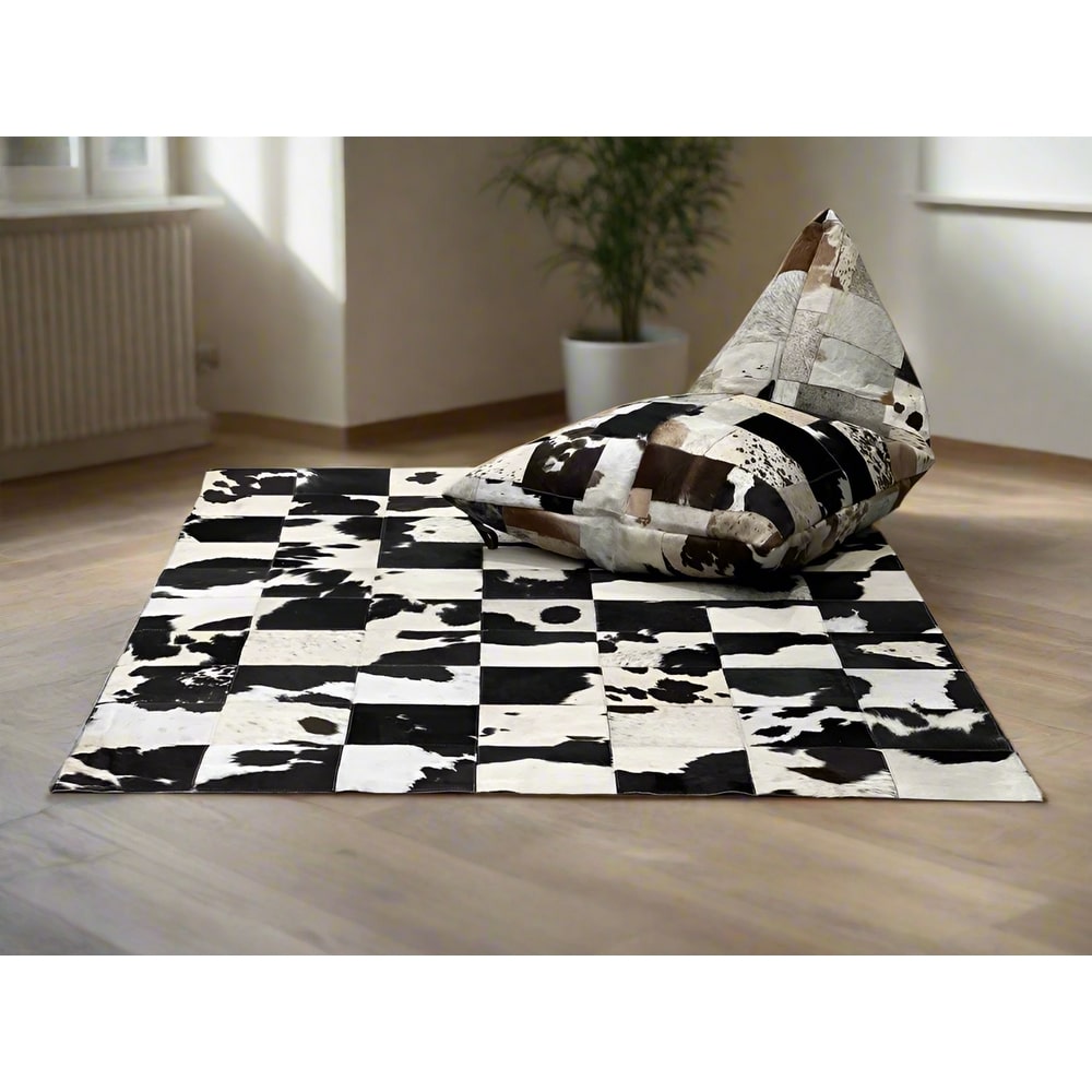 Artisan Cowhide Beanbag Cover – Triangular Patchwork Lounger in Natural Tones