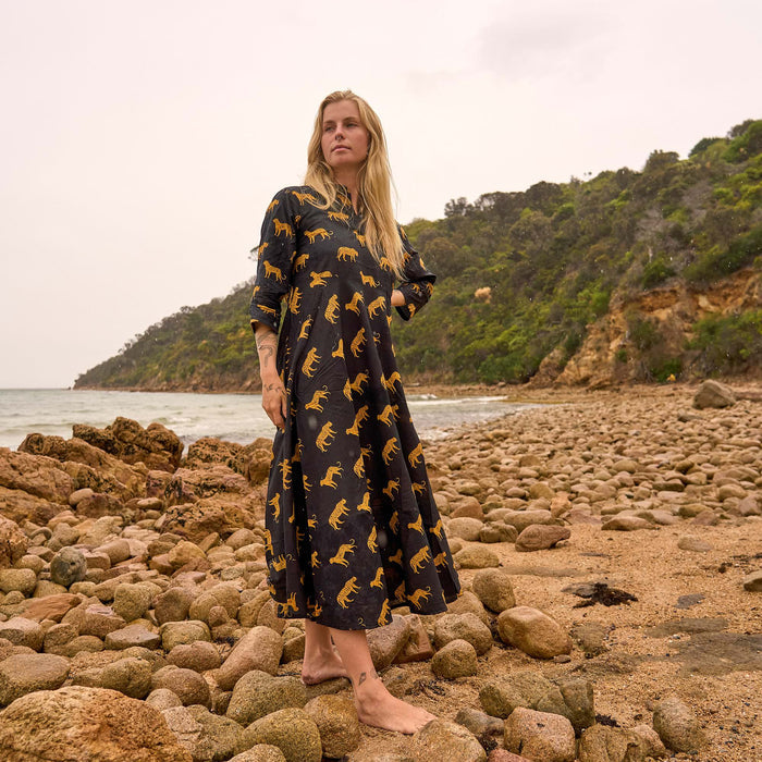 Set of 2 Cotton Maxi Dress ? Hand Screen-Printed Style in Black & Gold