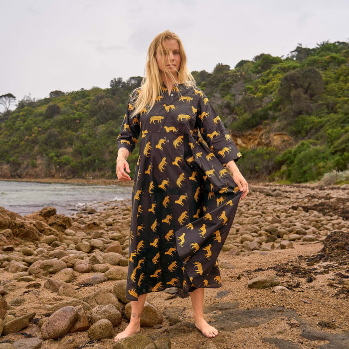 Set of 2 Cotton Maxi Dress ? Hand Screen-Printed Style in Black & Gold