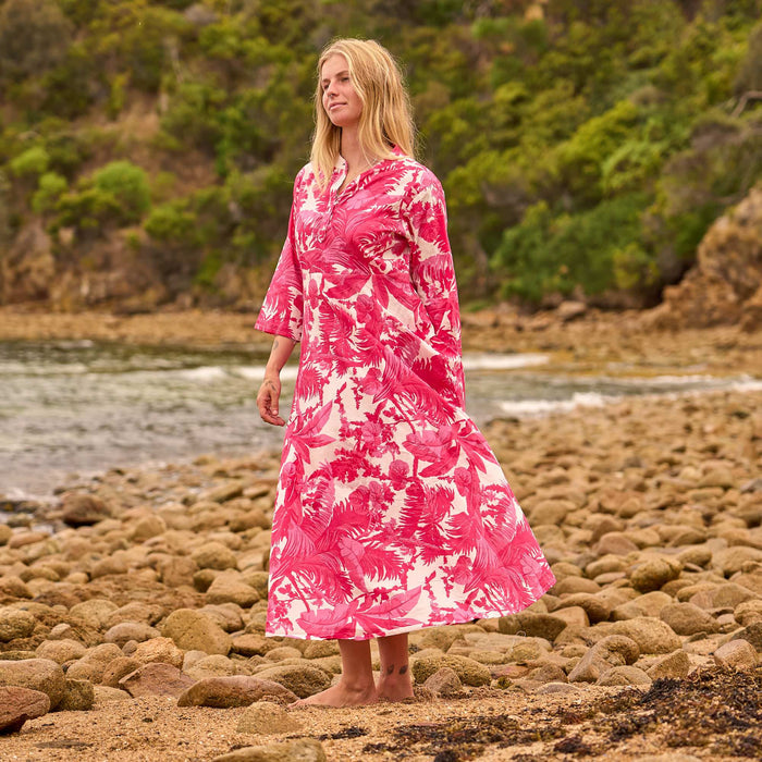 Set of 2 Cotton Maxi Dress ? Hand Screen-Printed in Bold Coral Pink