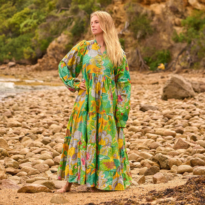 Set of 2 Cotton Maxi Dress ? Jungle Song Green & Gold