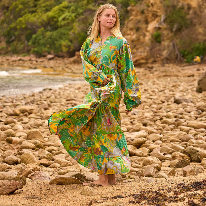 Set of 2 Cotton Maxi Dress ? Jungle Song Green & Gold