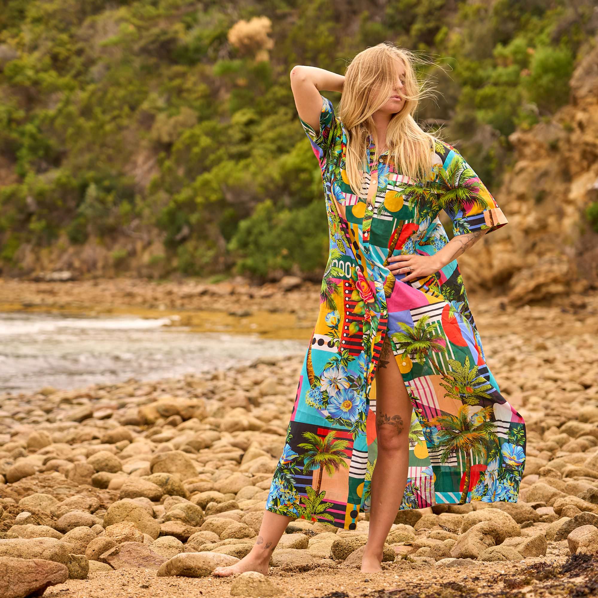 Tropical paradise cotton maxi shirt dress for women