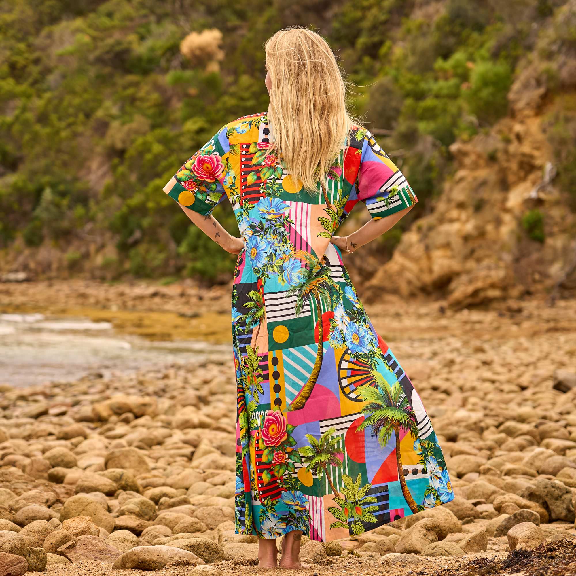 Women’s tropical maxi shirt dress as beach cover up