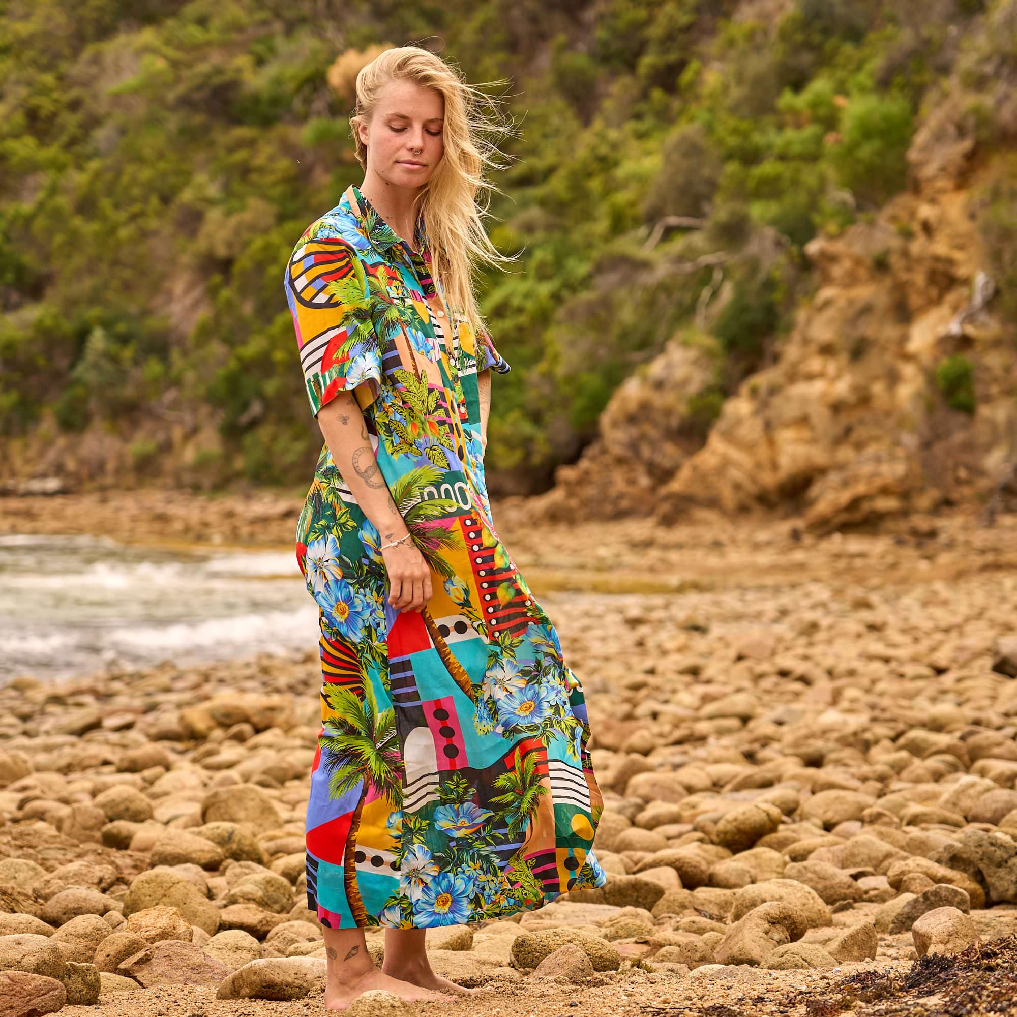 Tropical print cotton maxi dress for beach and holiday wear