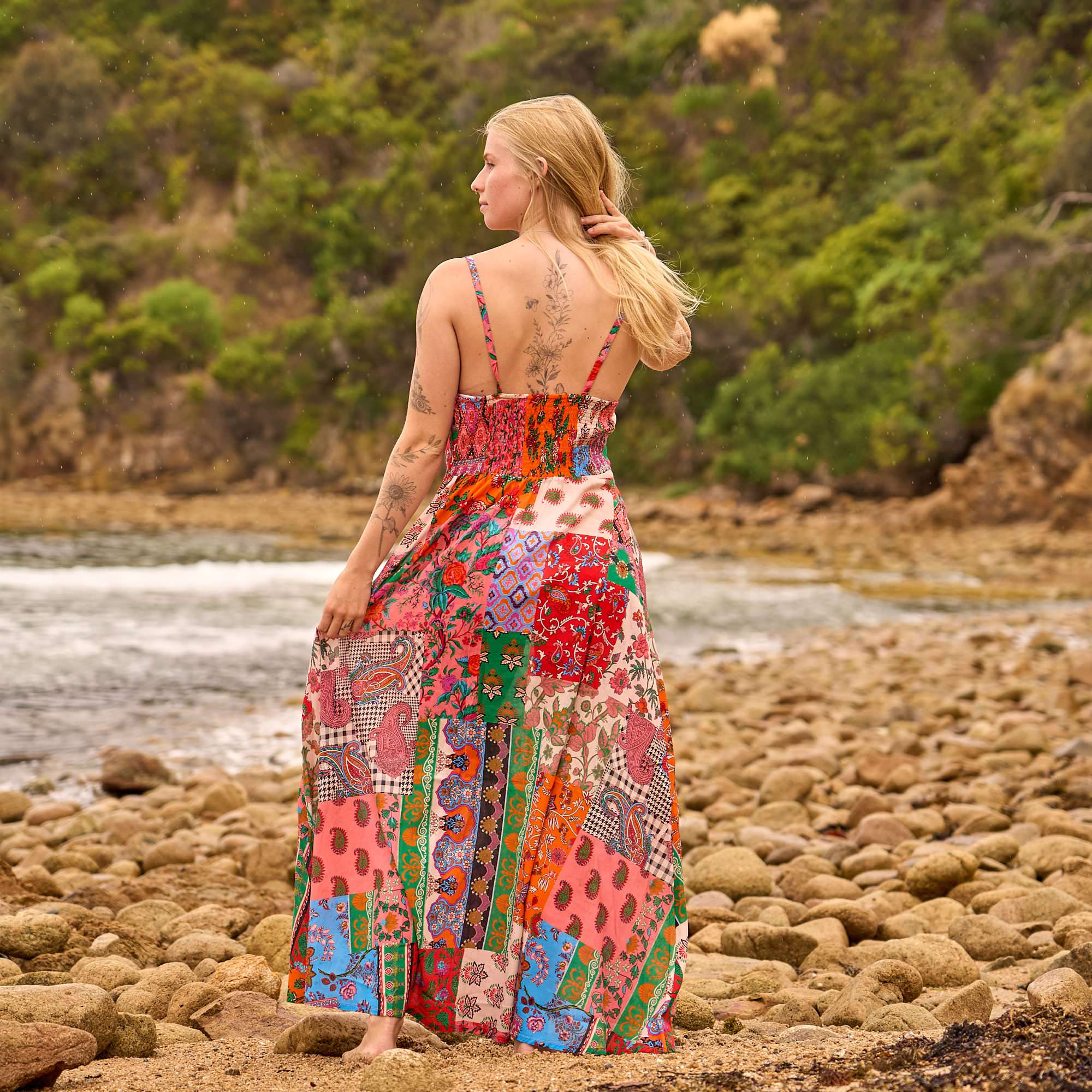 Vintage patchwork maxi dress for beach and holiday wear