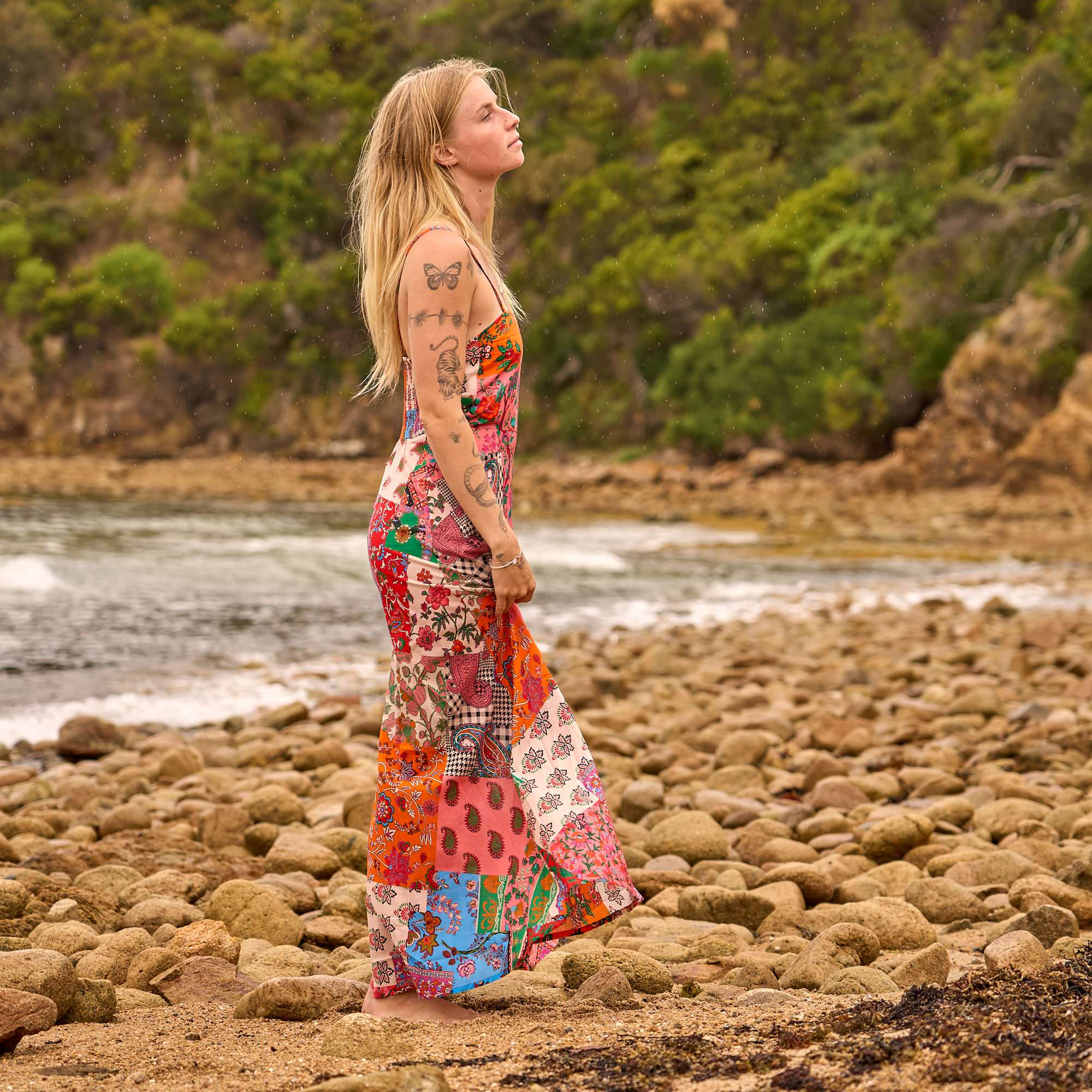 Bohemian cotton slip maxi dress with colorful patchwork design