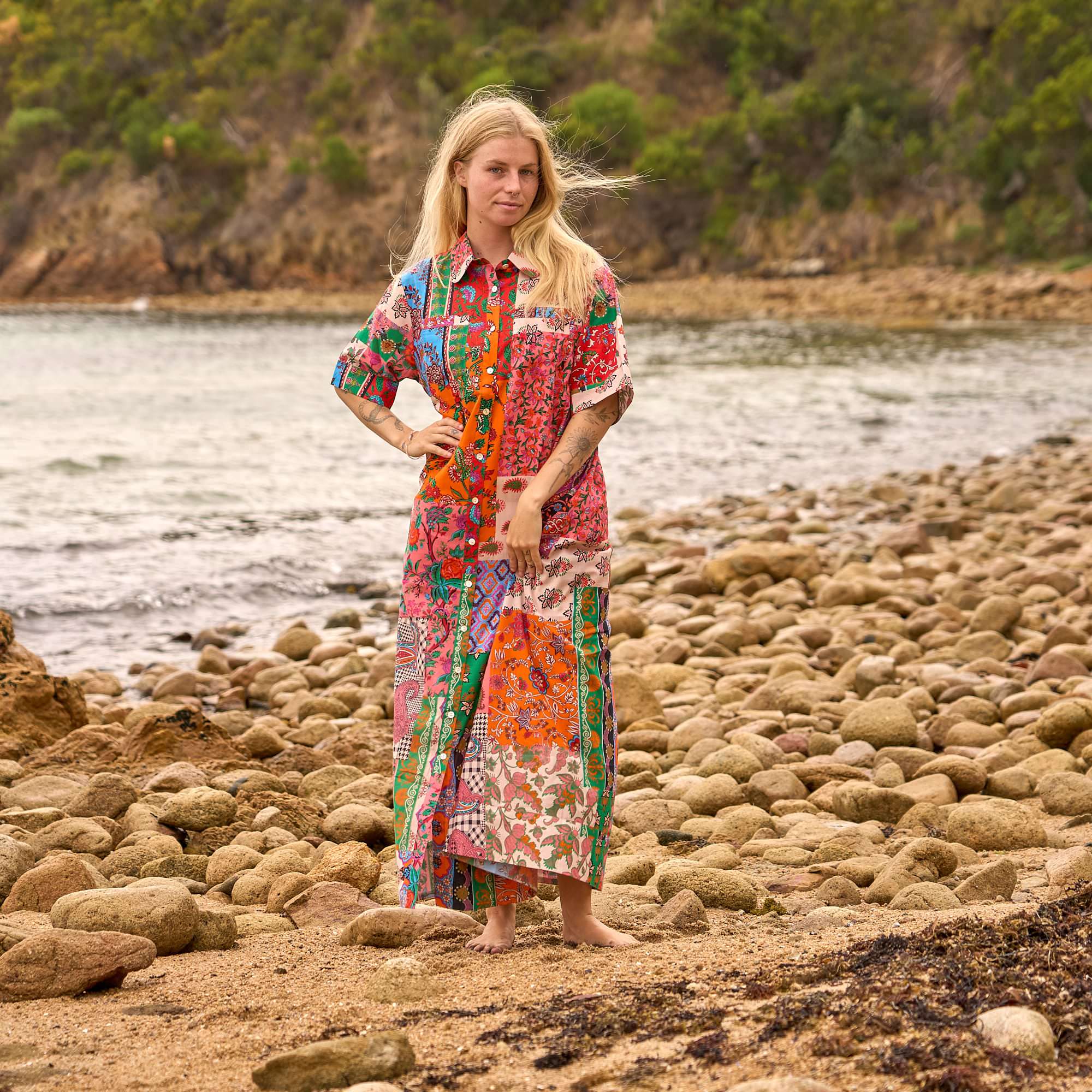 Artistic patchwork shirt maxi dress with free size fit