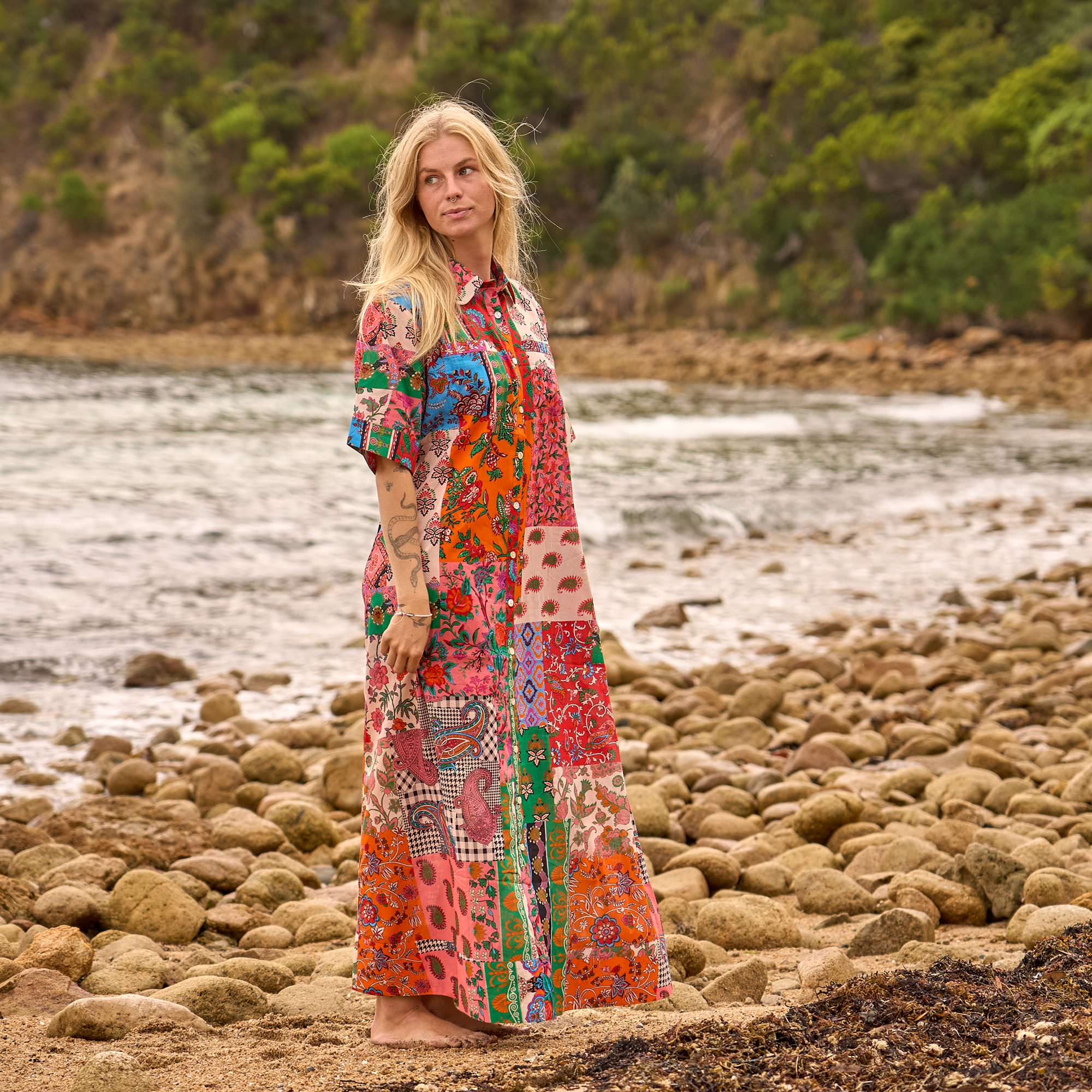 Unique patchwork shirt dress with relaxed maxi silhouette