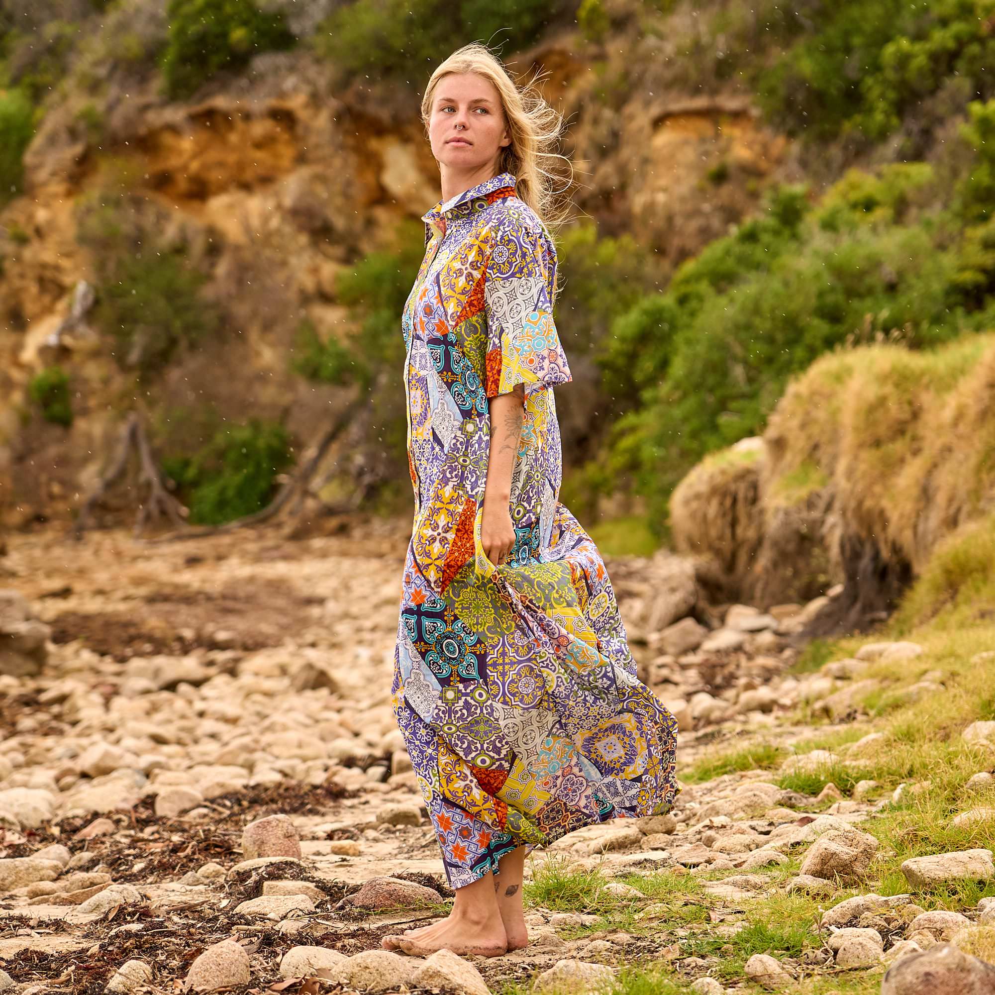 Craftluxe boho tile print maxi dress for resort wear