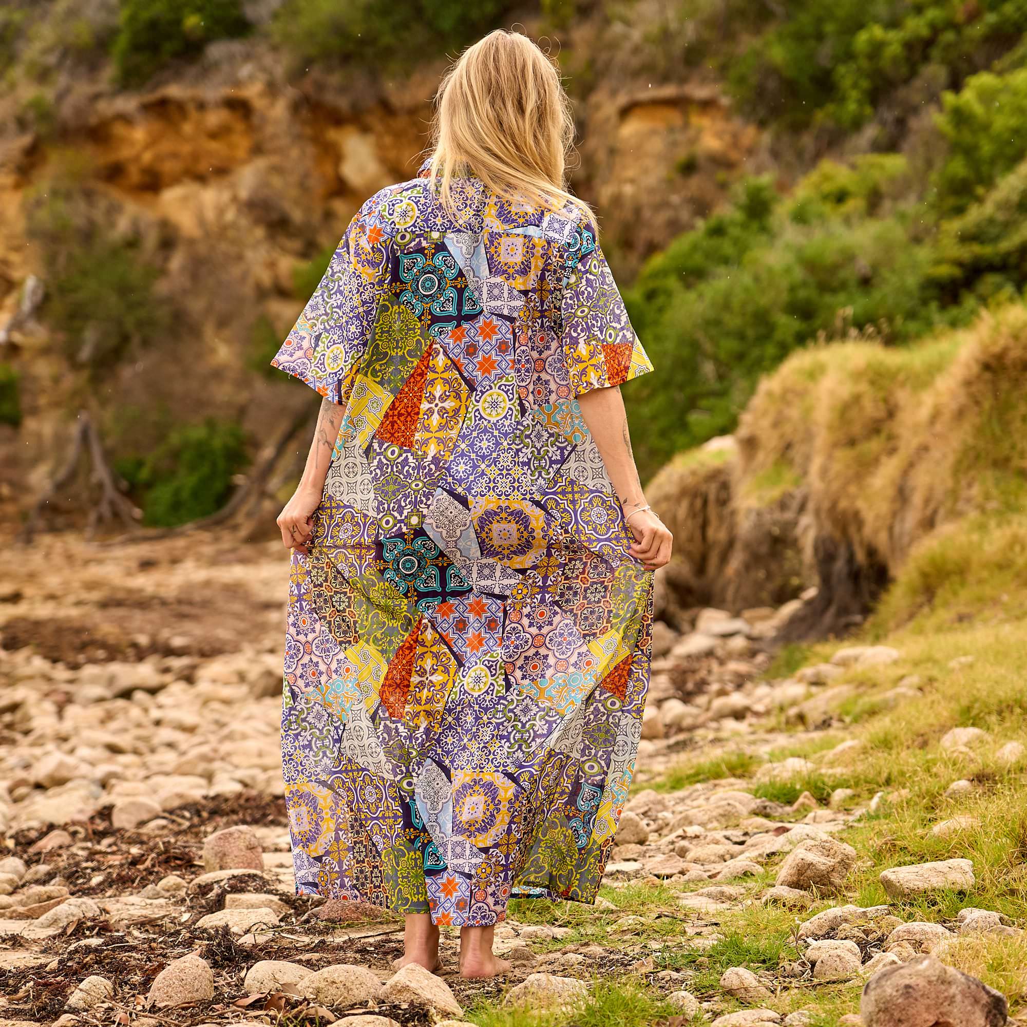 Free size patchwork maxi dress with colorful tile print
