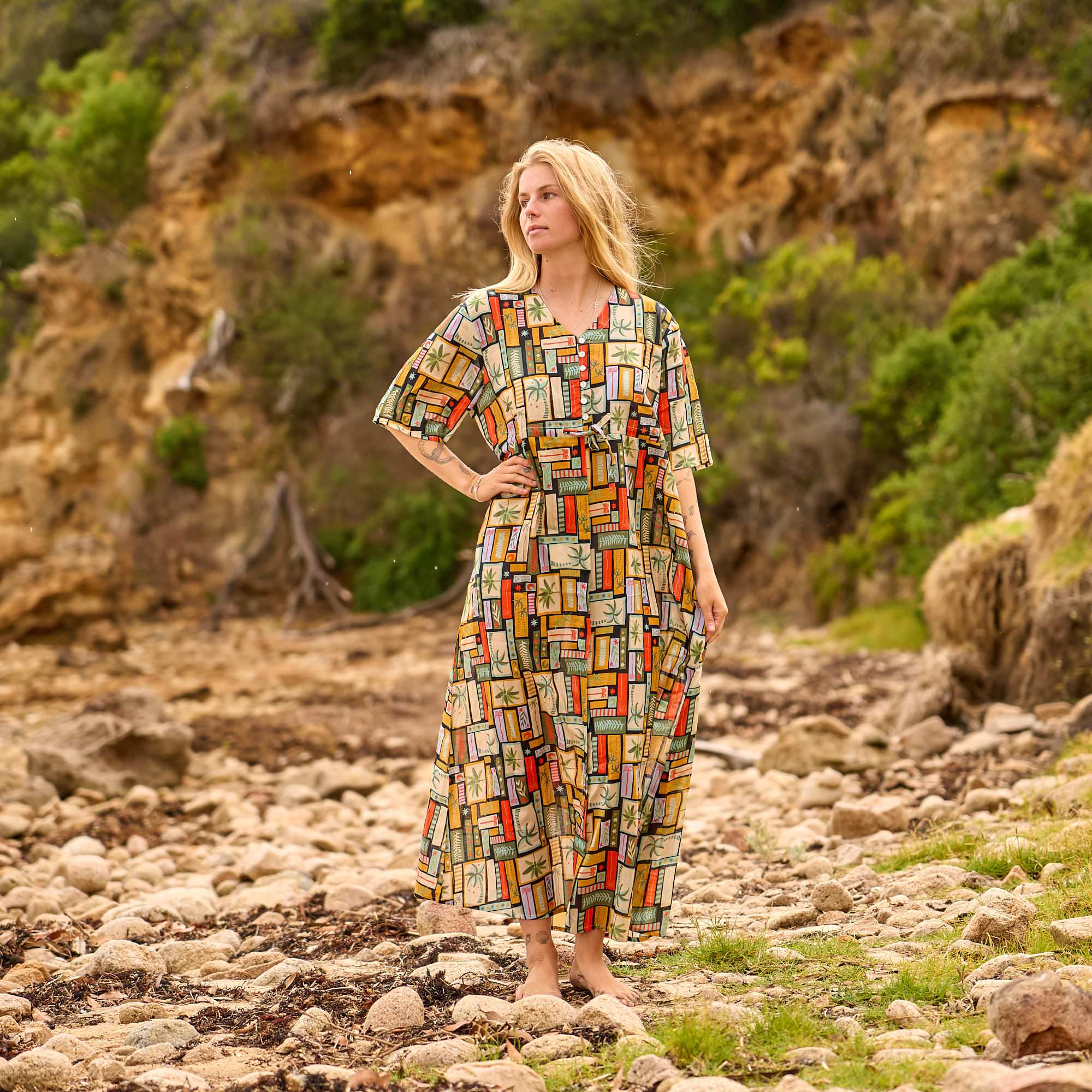 Boho printed maxi dress with free size relaxed fit