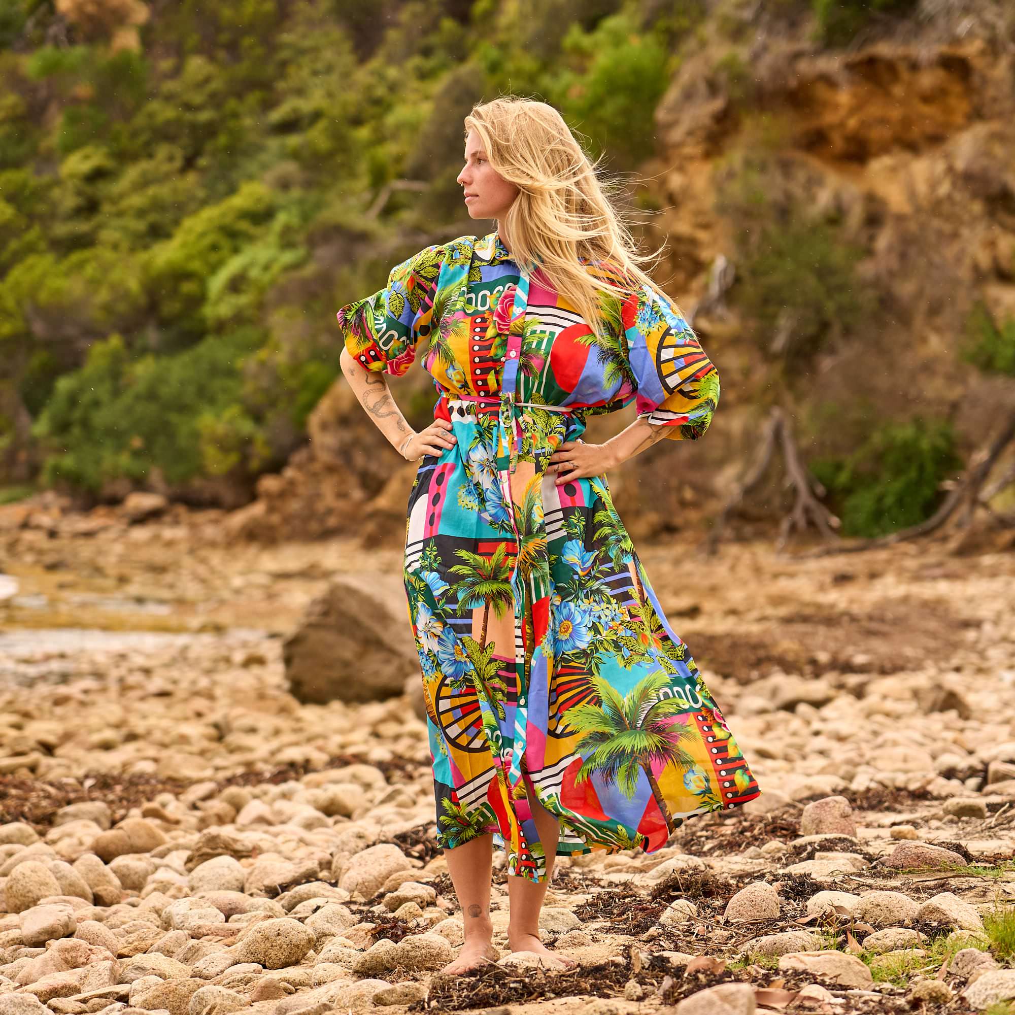 Tropical resort shirt maxi dress with free size fit