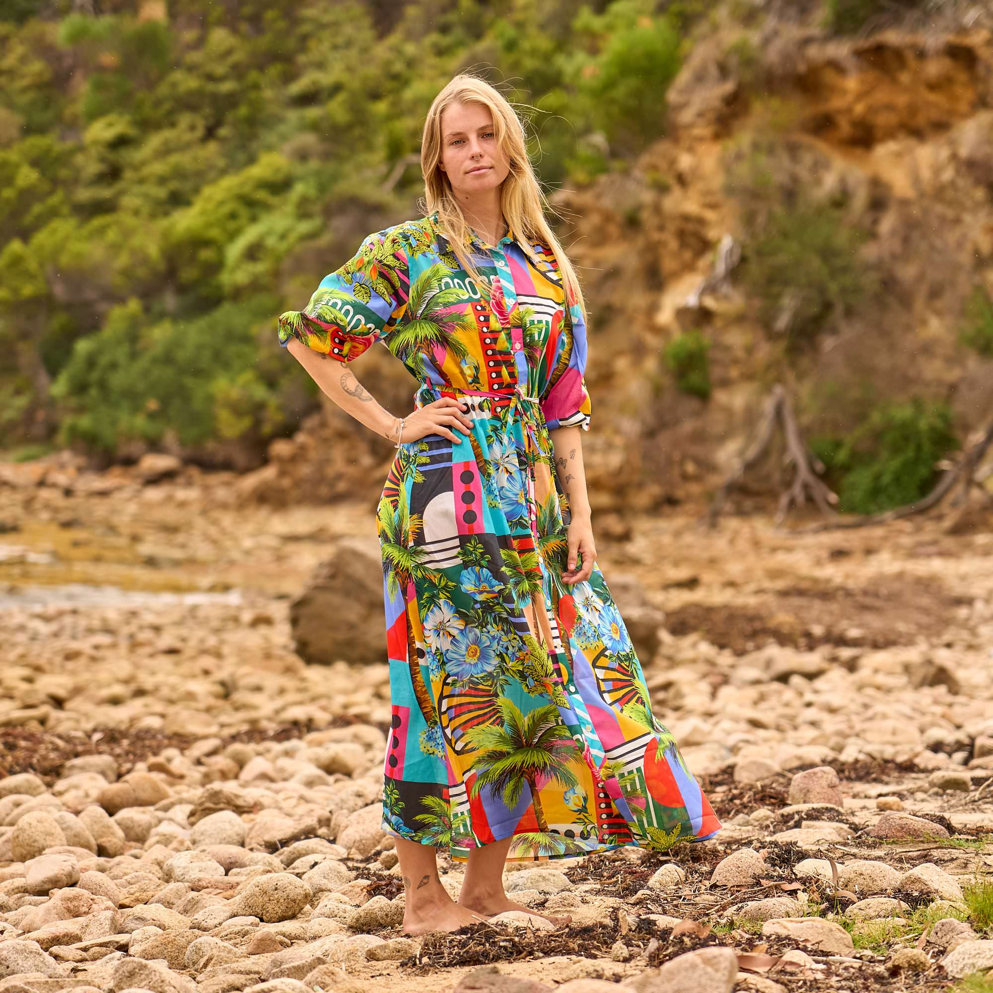Free size tropical resort maxi dress for beach vacations