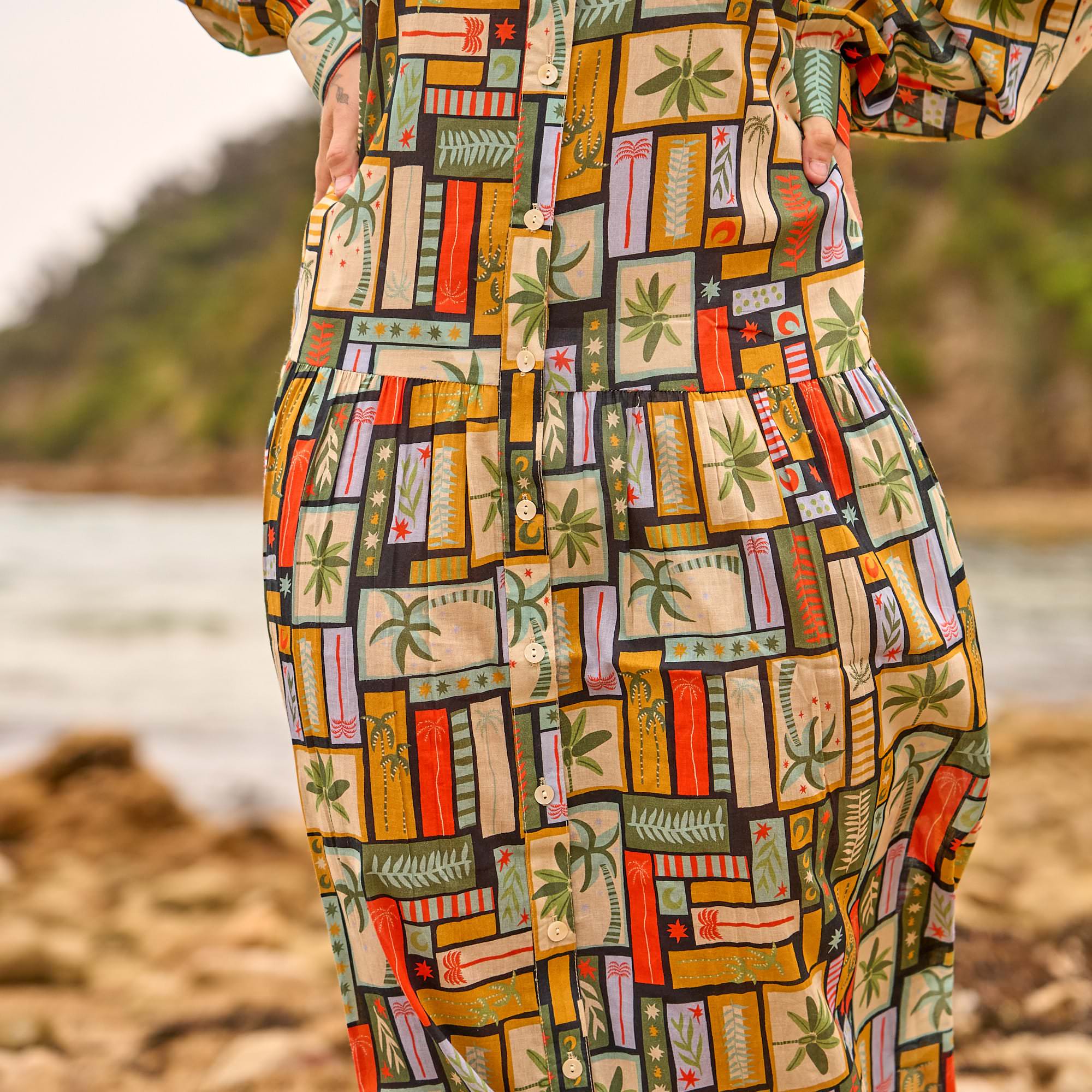Free size boho geometric shirt dress with chic maxi design