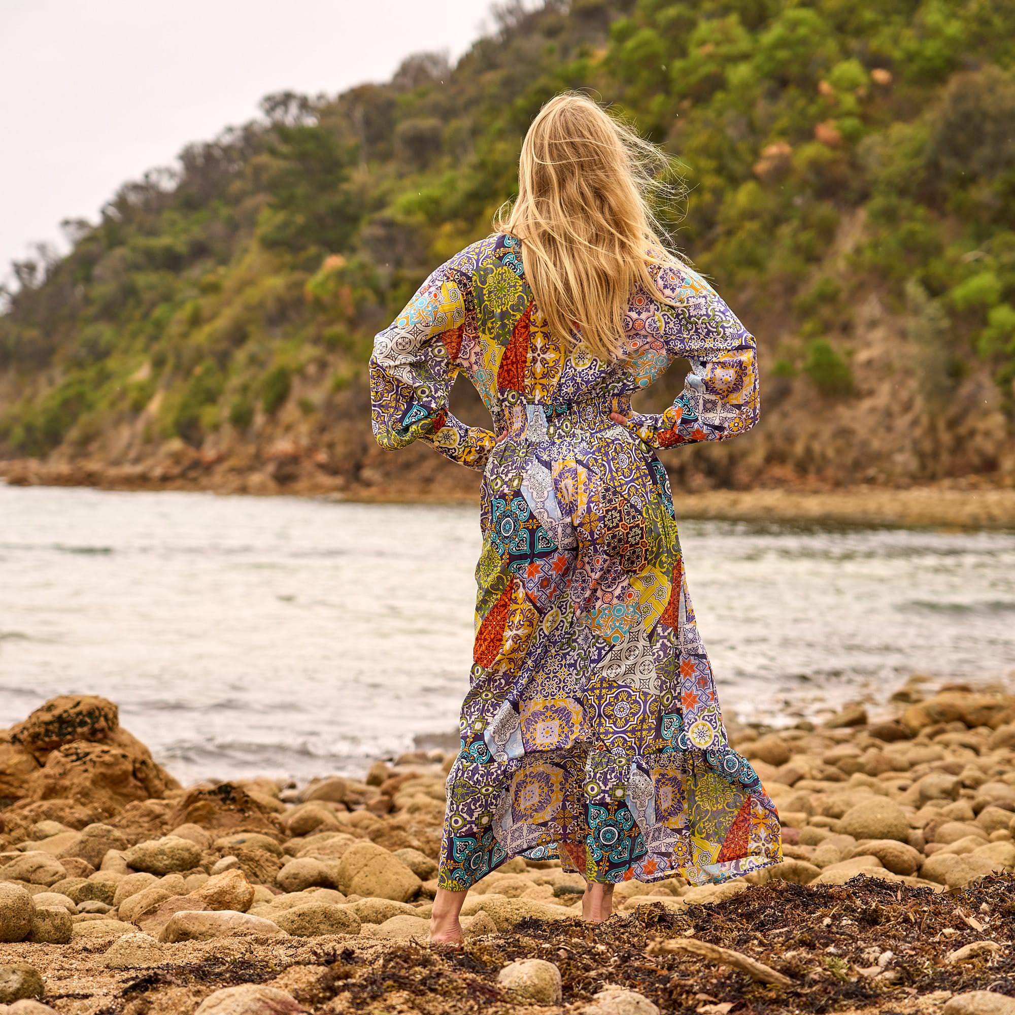 Colorful cotton patchwork maxi dress for beach holidays