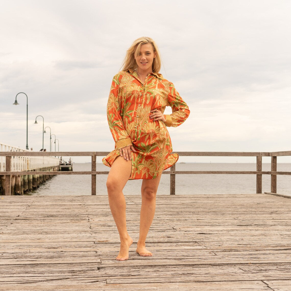 ORANGE SERENADE WOMEN'S COTTON LONG SHIRT DRESS - ONE SIZE