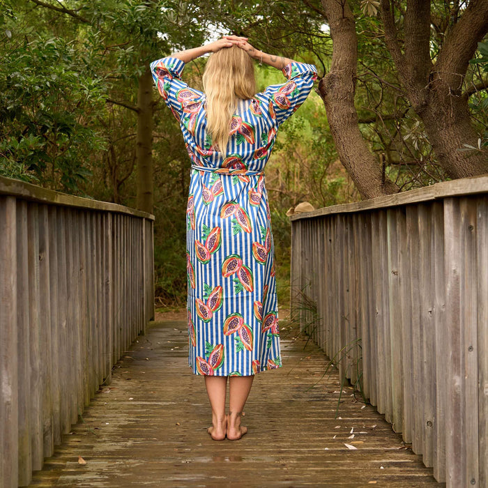 Tropical Papaya Print Kimono Robe - Lightweight Cotton Beach Cover-Up