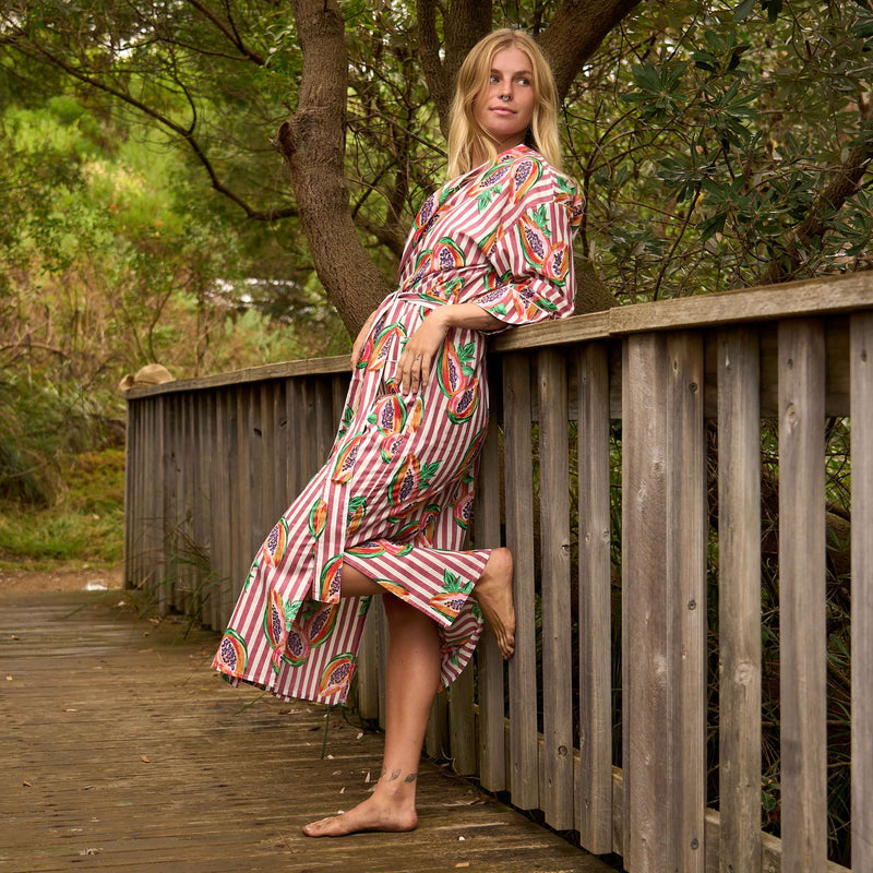 Papaya Pink Stripe Cotton Kimono Robe
