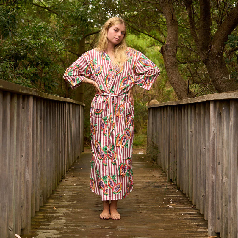 Papaya Pink Stripe Cotton Kimono Robe