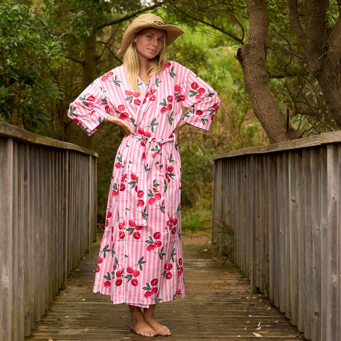 Women's Pink Cherry Kimono Robe - Lightweight Cotton Cover-Up