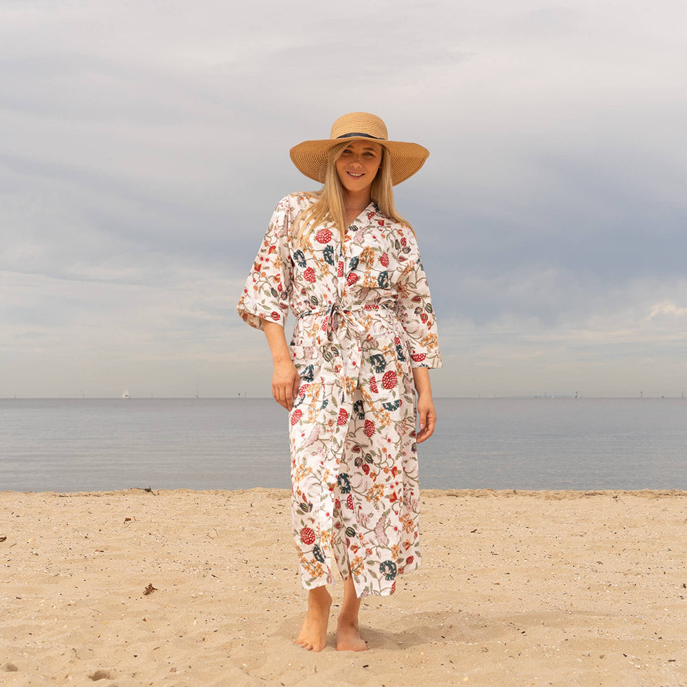 Floral White' Women's Cotton Kimono Robe