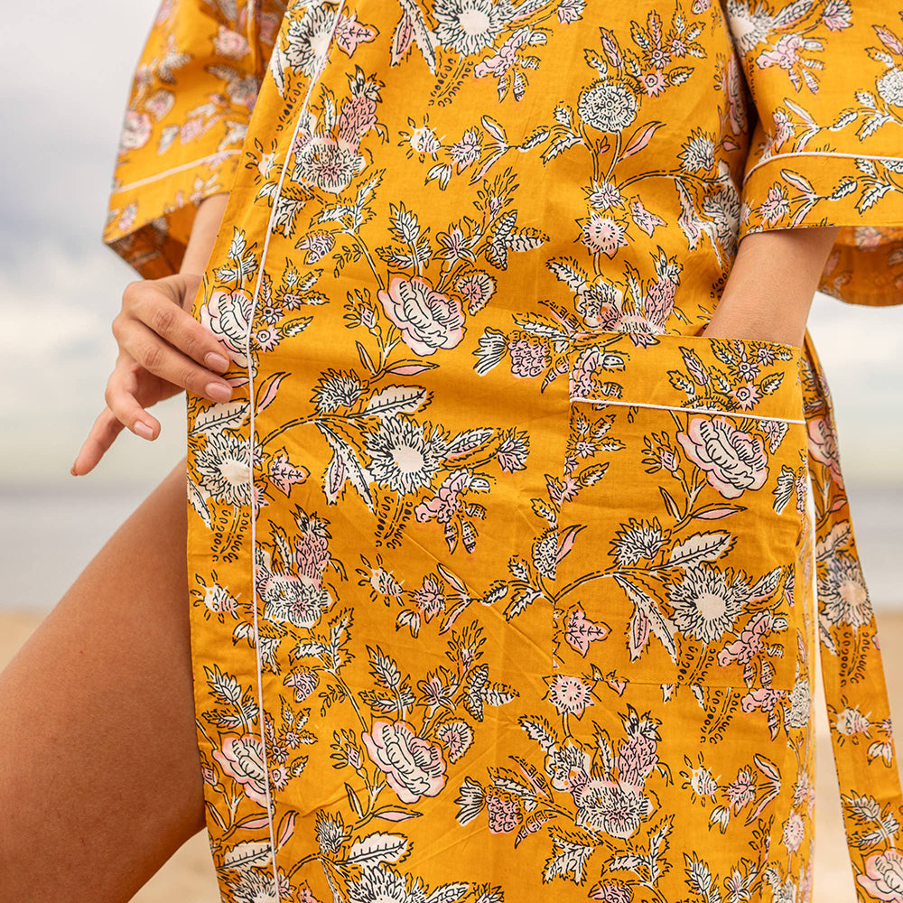 MUSTARD FLORAL' Women's Cotton Kimono Robe