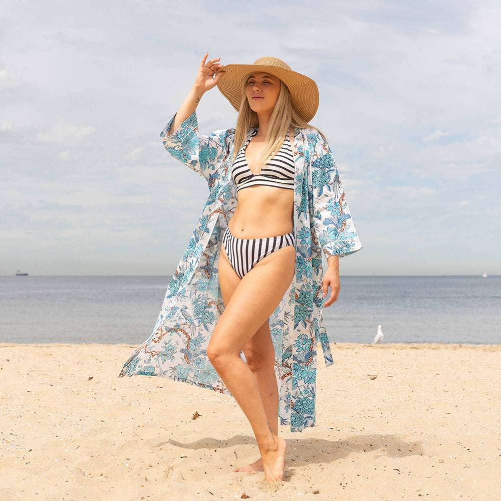 BLUE PEACOCK' Women's Cotton Kimono Robe