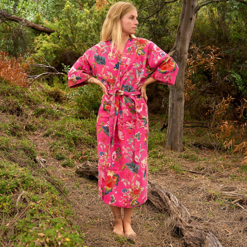 Bohemian Blossom Cotton Waffle Kimono Robe - Pink Floral