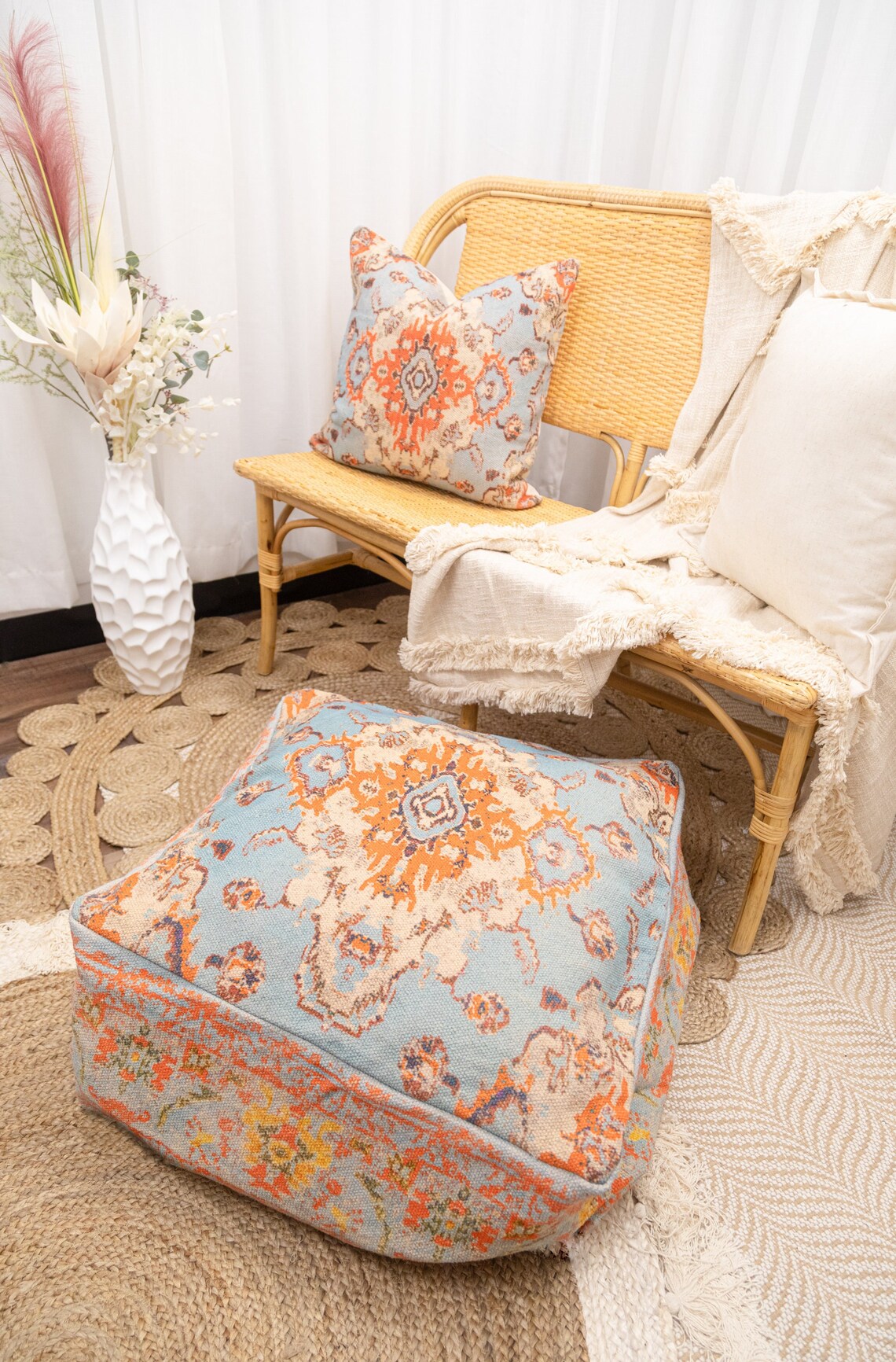 Moroccan kilim cotton cushion cover in vibrant cyan blue