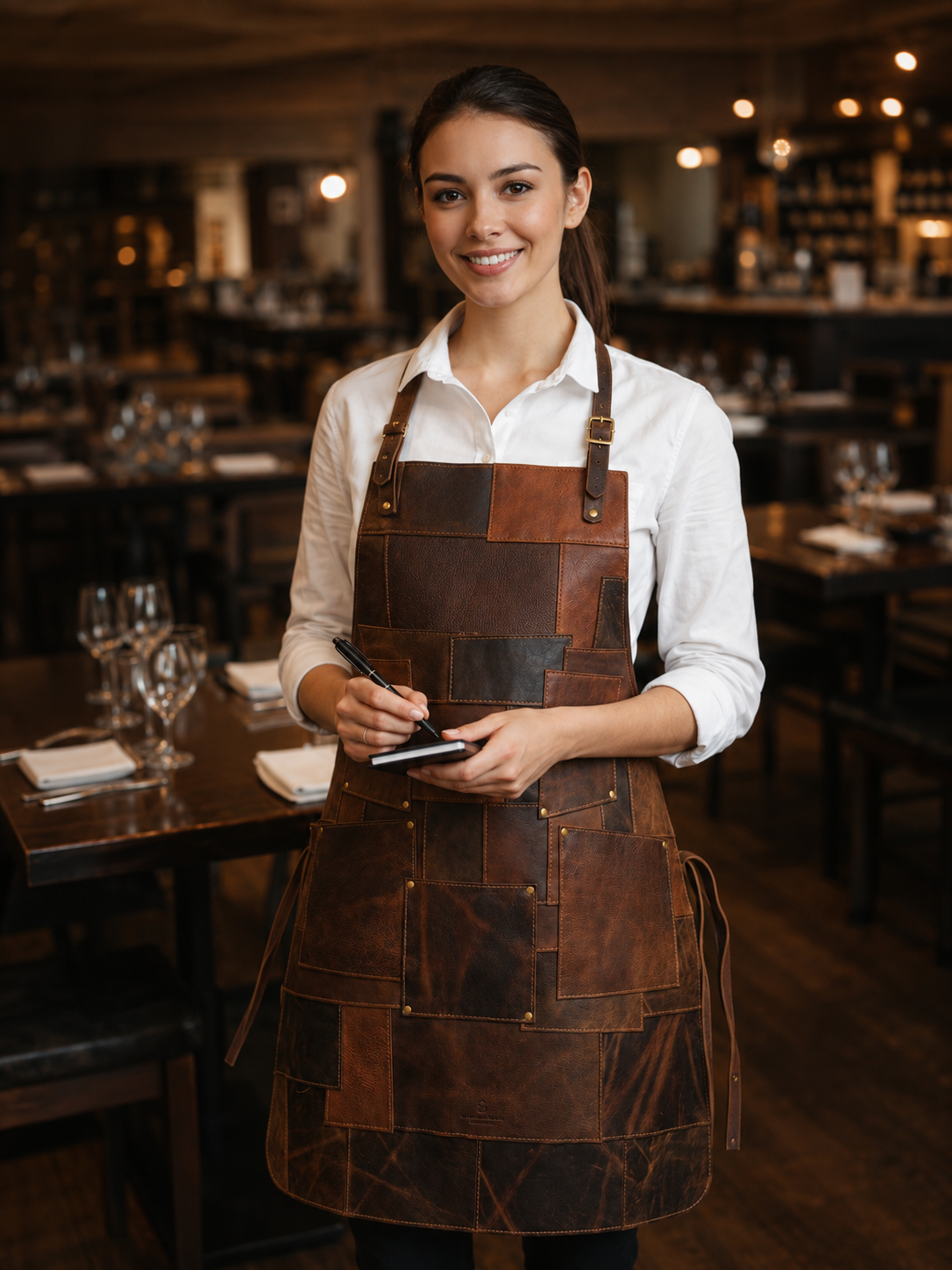 Premium full-grain leather patchwork apron for chefs and BBQ