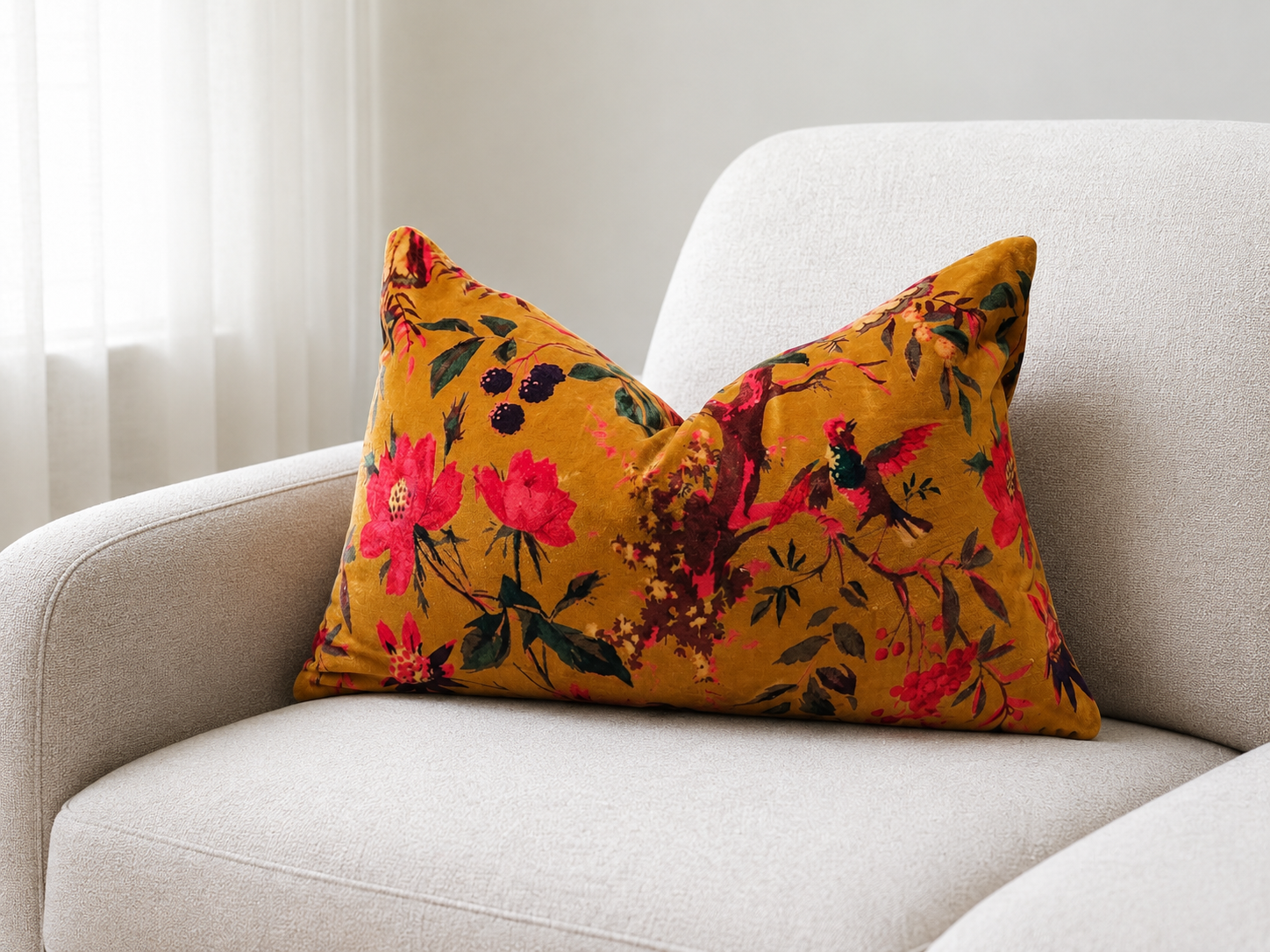 Bird print mustard velvet cushion cover for sofa and bed