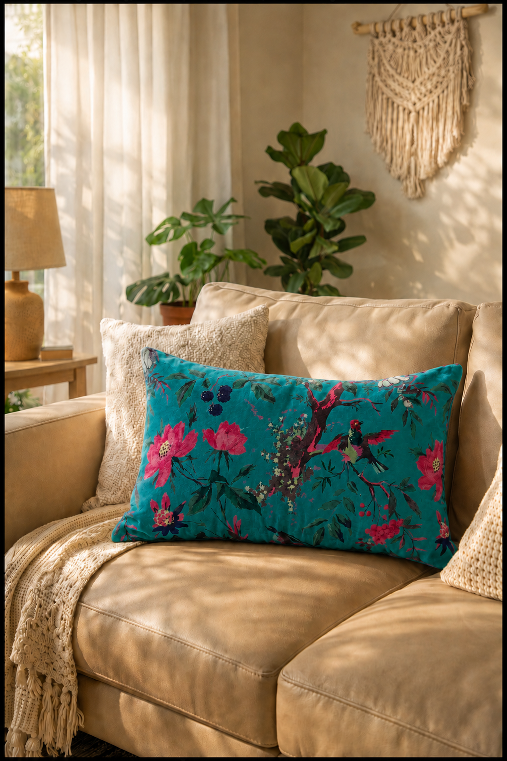 Boho teal floral bird decorative pillow cover for sofa