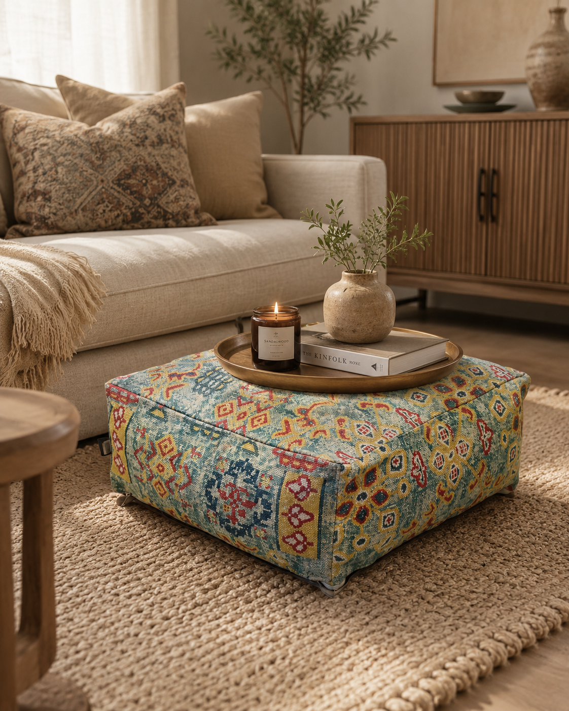 Multicolor tribal handwoven ottoman pouf cushion for boho home decor and floor seating
