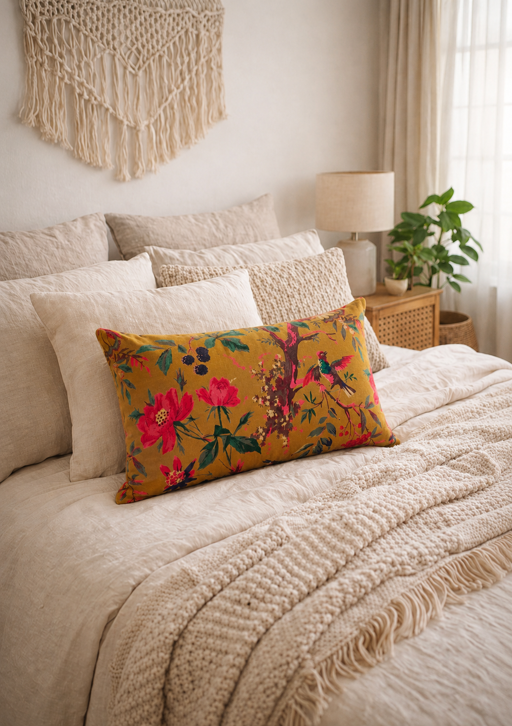 Decorative mustard lumbar pillow cover with bird design