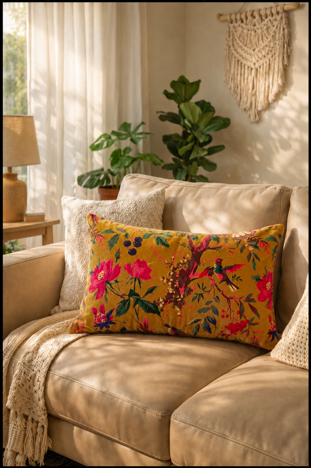 Mustard botanical bird lumbar cushion cover for home décor