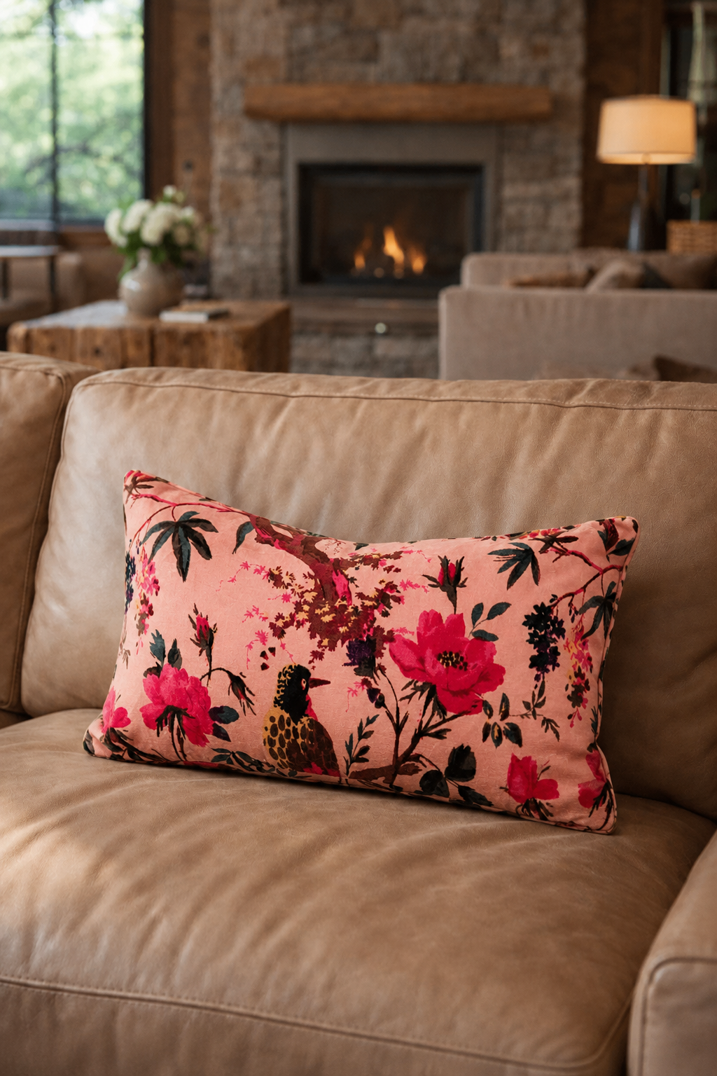 Decorative pink cotton velvet cushion cover with botanical artwork