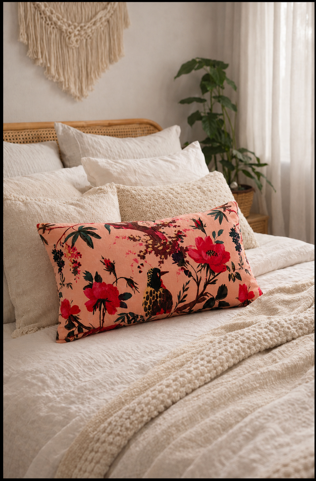 Pink velvet lumbar pillow cover with nature inspired floral design
