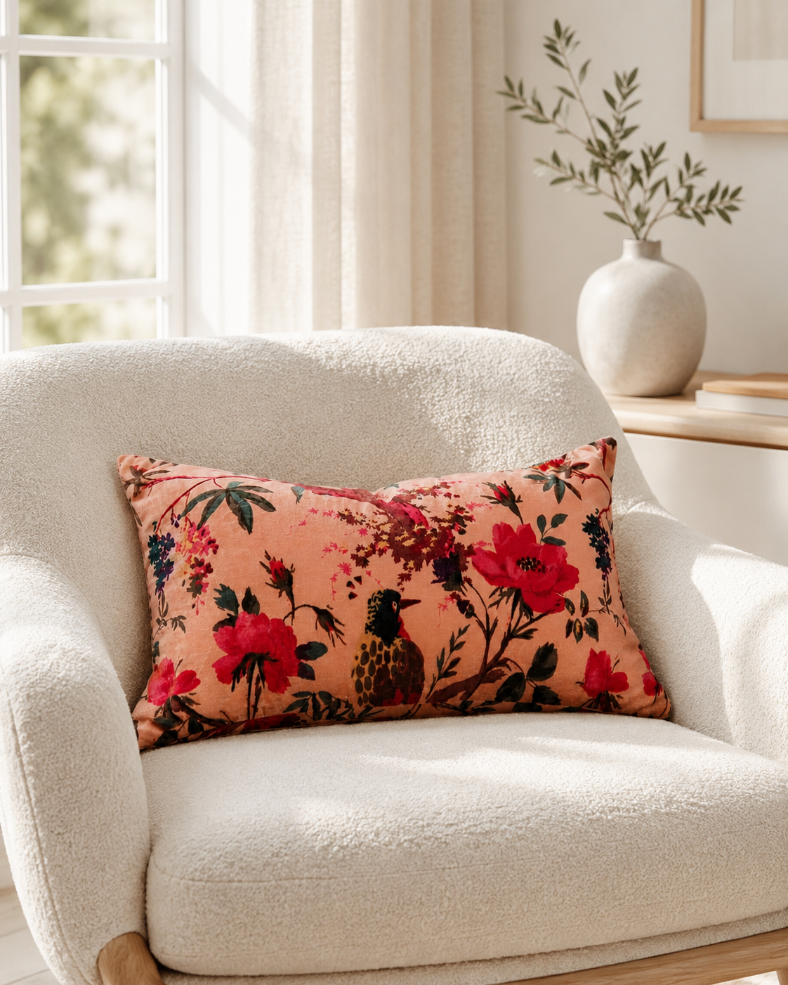 Pink botanical velvet cushion cover with bird and flower design