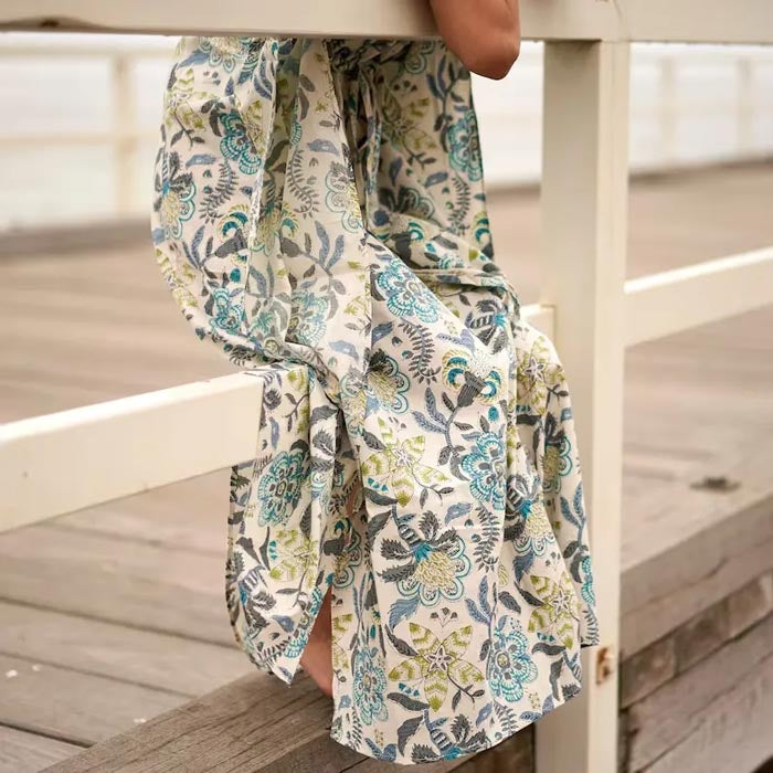 Cotton Kaftan Kimono Caridgan Summer Clothing Mother's Day Gift Maternity Gown Floral Christmas Gift for her Blue and White