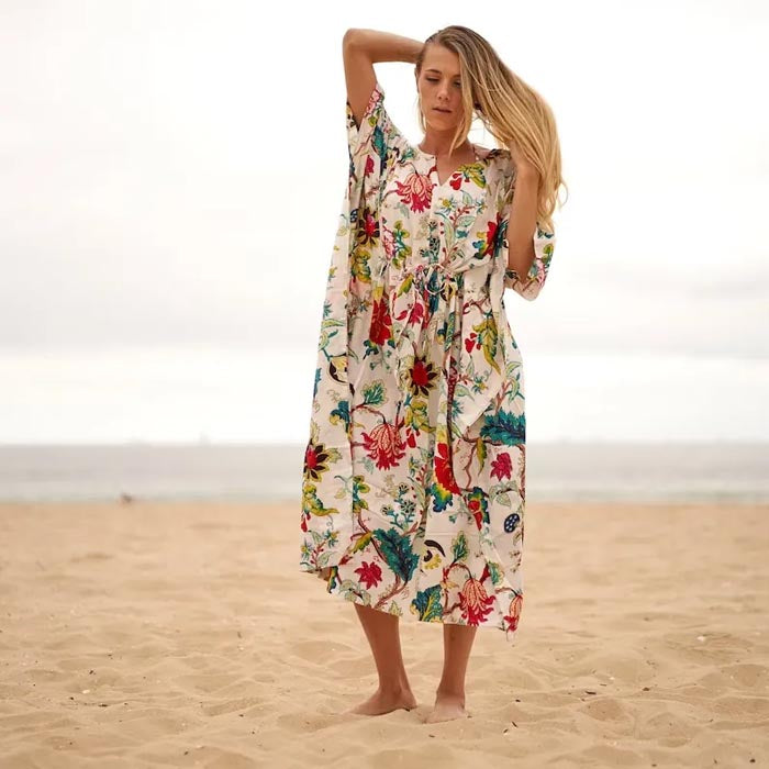 Cotton Kaftan Kimono Cotton Dress Caridgan Valentine Mother's Day Gift Maternity Wear Tree Floral Print Gift for her Beige