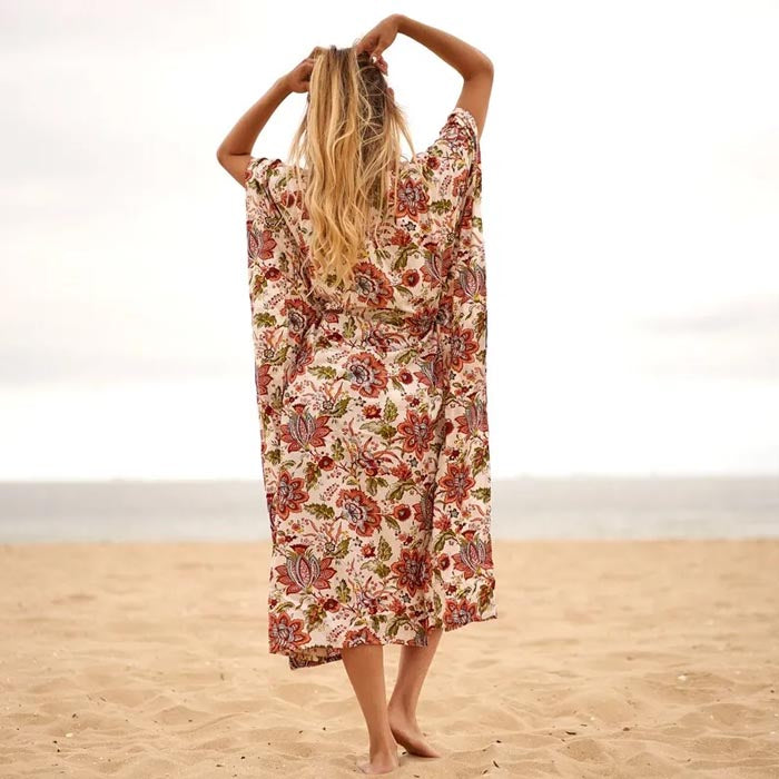 Cotton Kaftan Kimono Dress Caridgan Valentine Mother's Day Gift Maternity Wear Floral Block Print Christmas Gift for her Beige