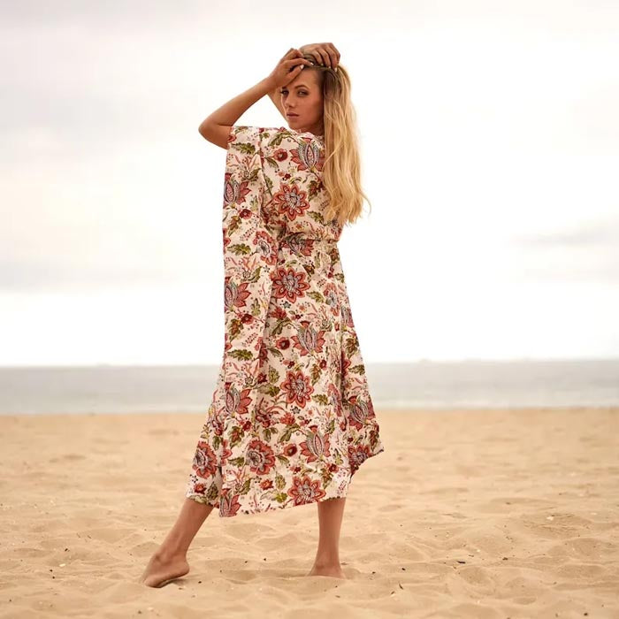 Cotton Kaftan Kimono Dress Caridgan Valentine Mother's Day Gift Maternity Wear Floral Block Print Christmas Gift for her Beige